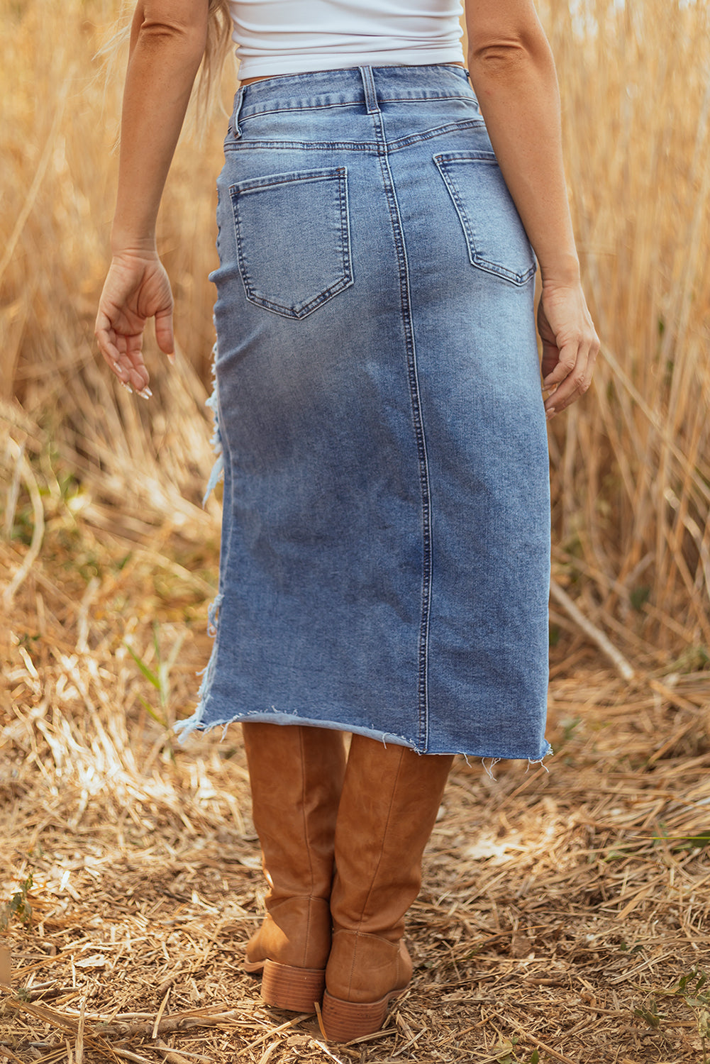 Dearlove Myosotis Irregular Distressed Bottom Denim Midi Skirt