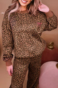 Coffee Leopard Print Contrast Trim Long Sleeve Top and Pants Set