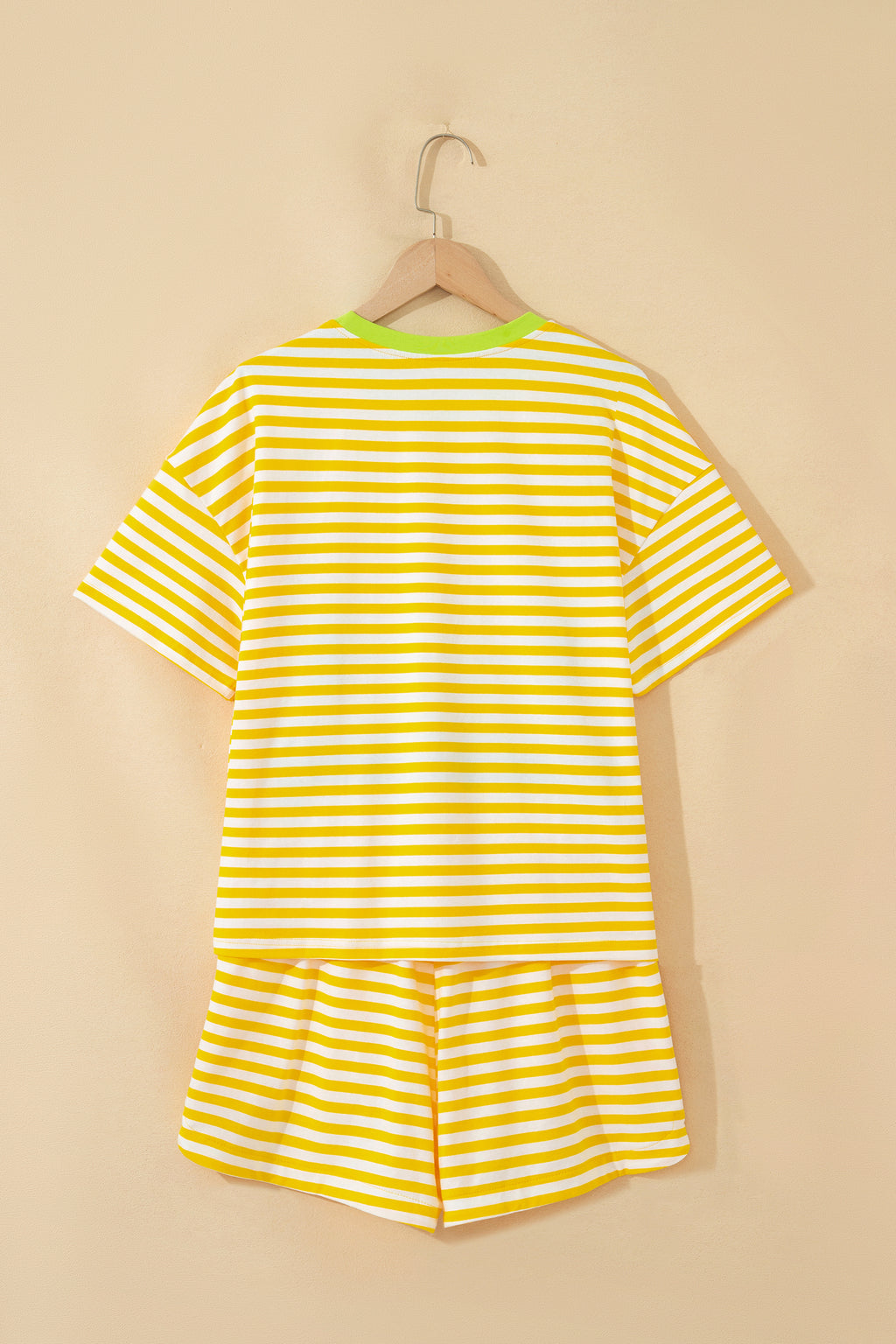 Yellow Stripe Contrast Neck Loose Tee and Drawstring Shorts Set