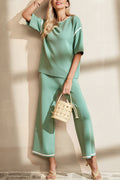 Canton Contrast Trim Half Sleeve Top Drawstring Pants Loose 2pcs Sweater Suit