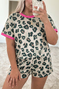 Brown Plus Size Leopard Color Block Trim Short 2pcs Set