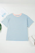 Sky Blue Stripe Plus Size Drop Shoulder Contrast Trim Round Neck Tee