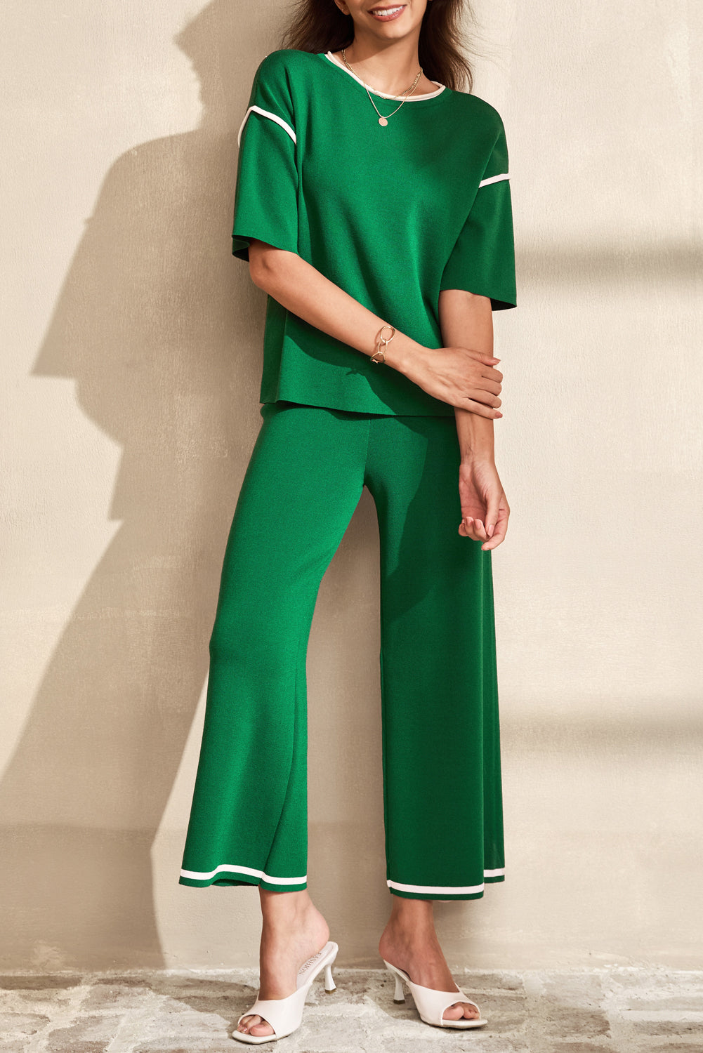 Canton Contrast Trim Half Sleeve Top Drawstring Pants Loose 2pcs Sweater Suit