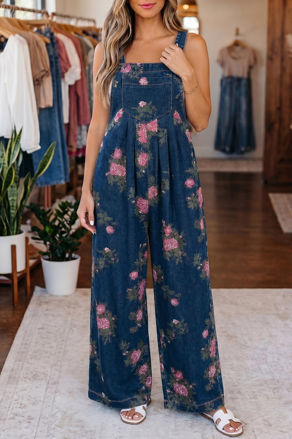 Blue Beau Floral Print Pleated High Waist Wide Leg Denim Jumpsuit