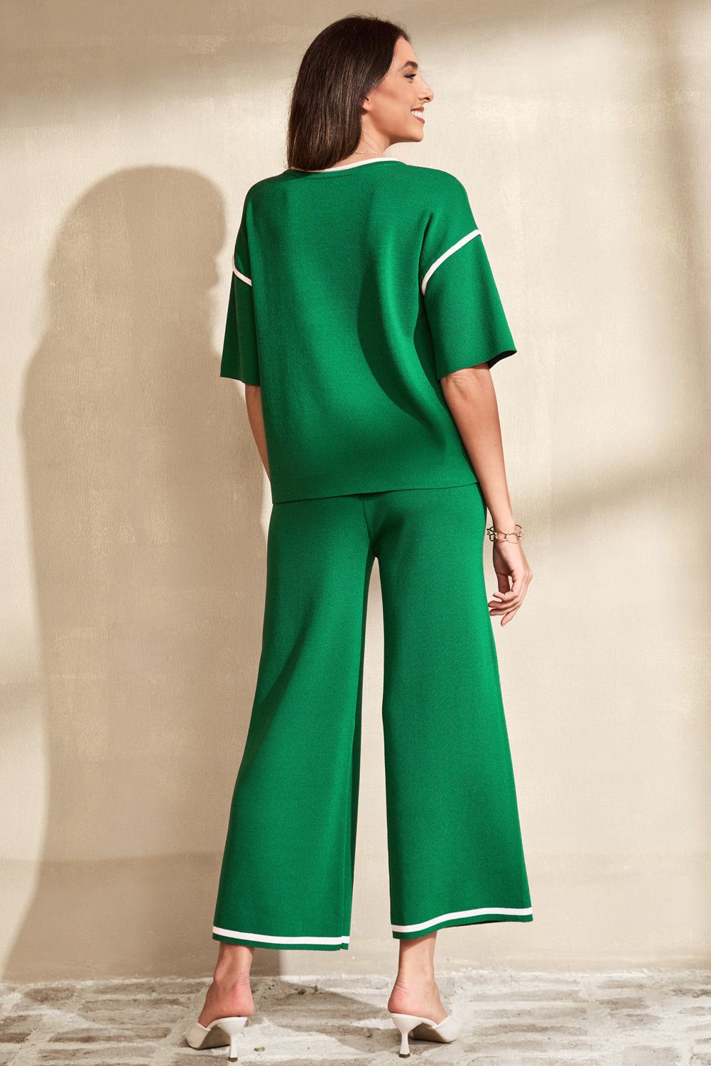 Canton Contrast Trim Half Sleeve Top Drawstring Pants Loose 2pcs Sweater Suit