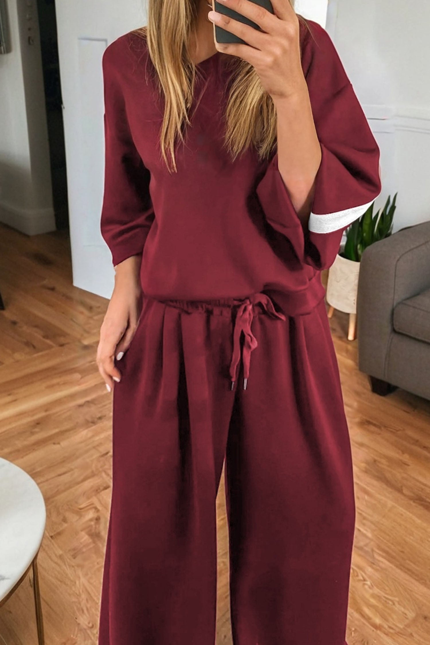 Burgundy Varsity Striped 3/4 Sleeve Pullover Drawstring Sweatpants Set