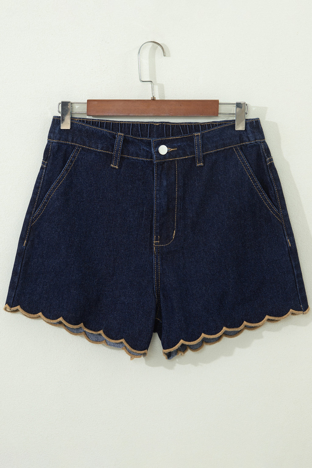 Navy Blue Embroidered Scalloped Trim Relaxed Denim Shorts