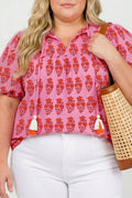 Pink Plus Size Floral Print Tassel Tie Puff Sleeve Cotton Blouse