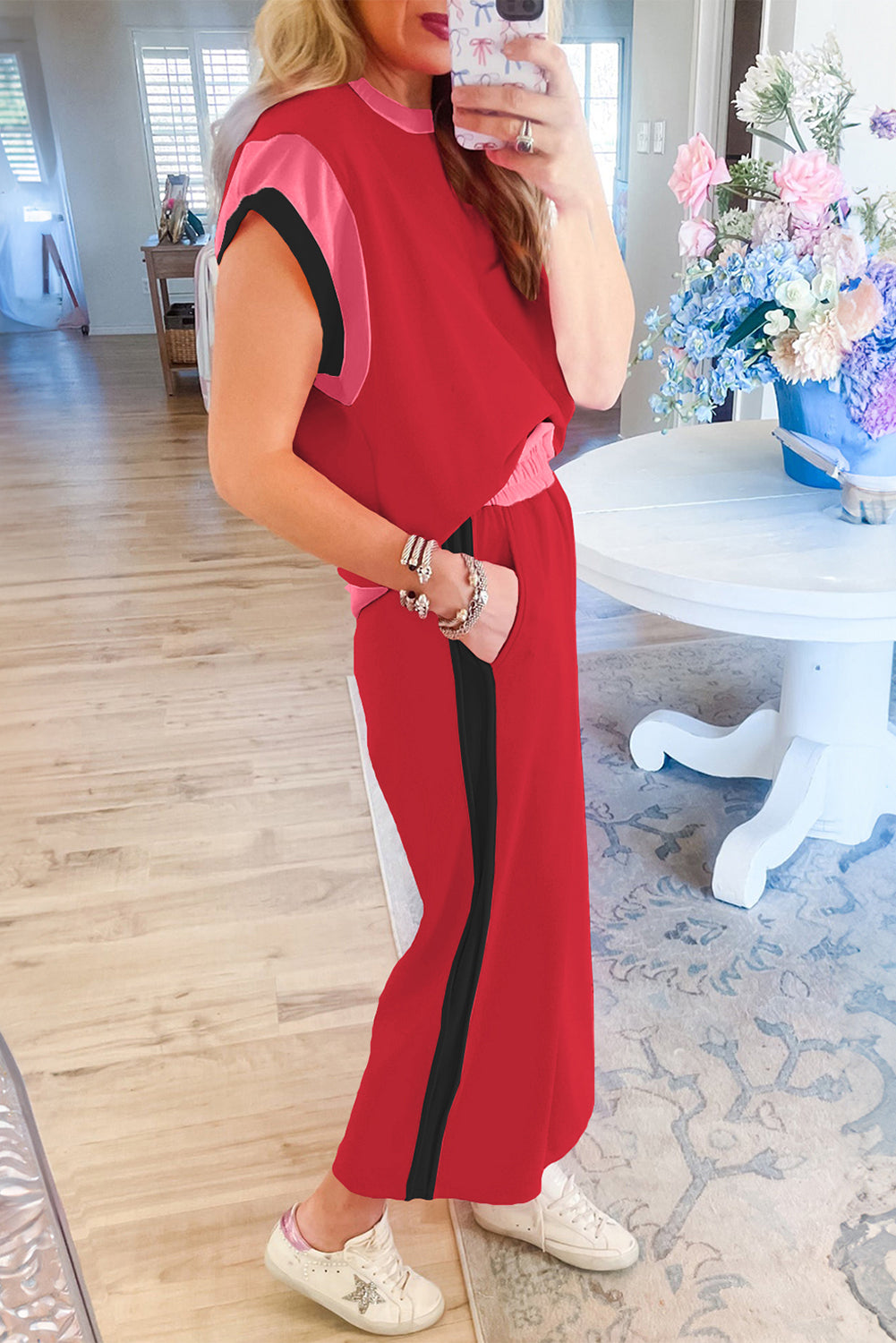 Navy Blue Color Block Detail Casual Two-piece Set