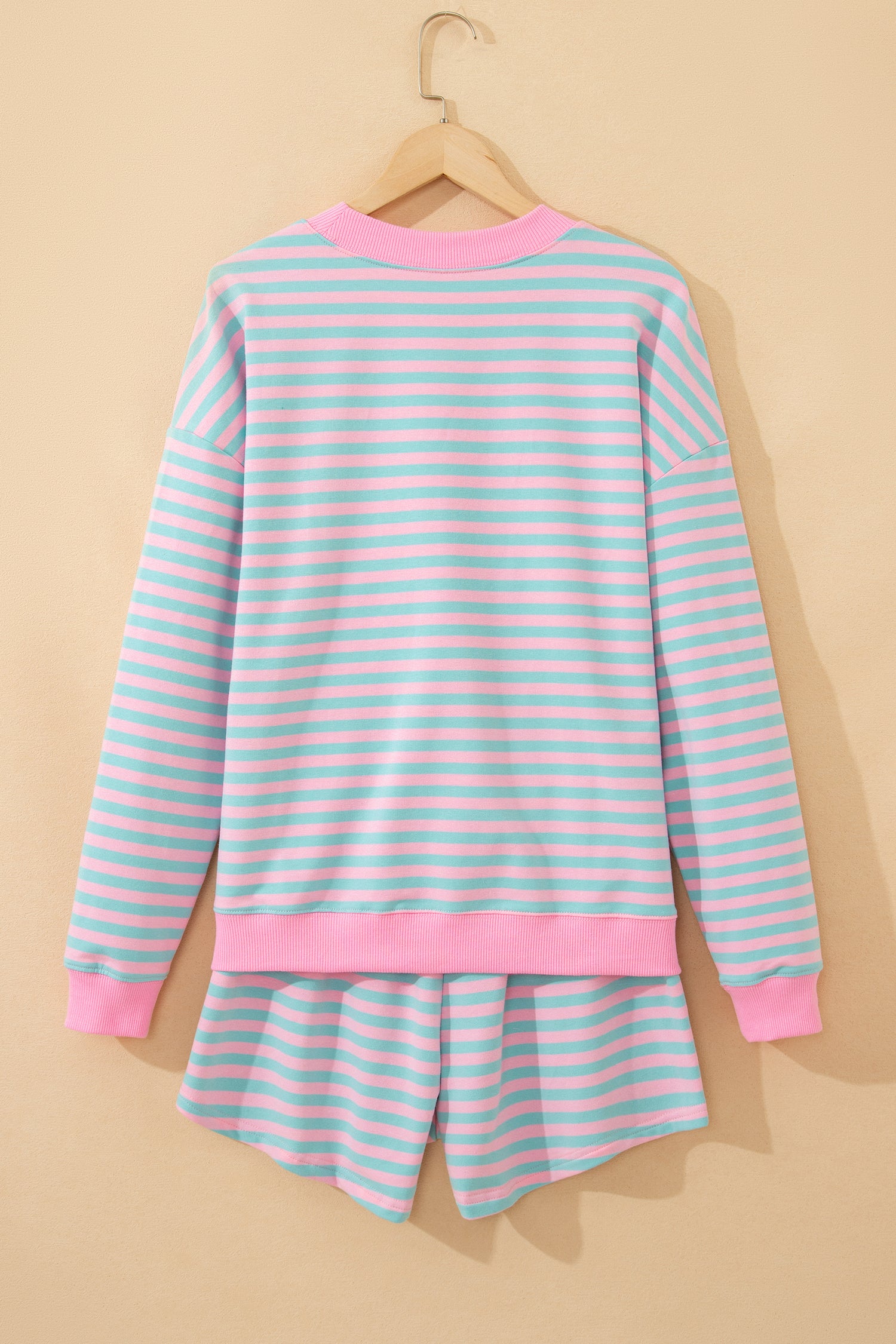 Pink Stripe Color Block Detail Long Sleeve Pullover Elastic Waist Pull On Shorts 2pcs Set