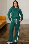 Sea Green Solid Color Pullover Top Varsity Stripe Detail Loose Drawstring Pants Set