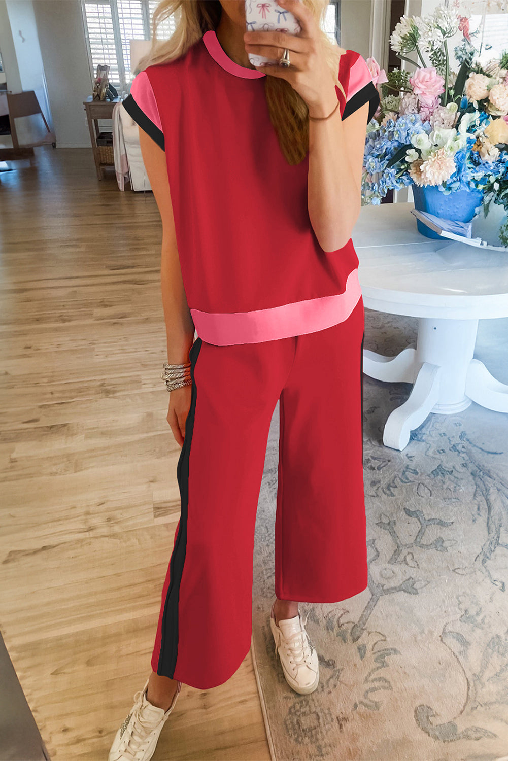 Navy Blue Color Block Detail Casual Two-piece Set