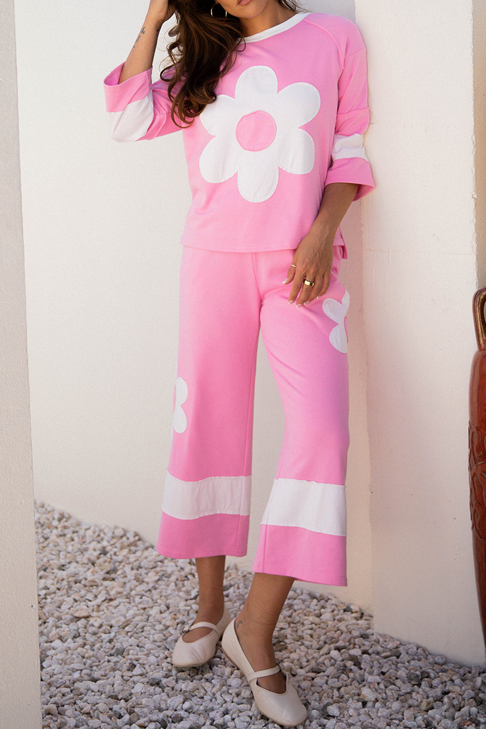 Orchid Bouquet Big Flower Patched Raw Seam Color Block 2 Piece Loose Pant Set